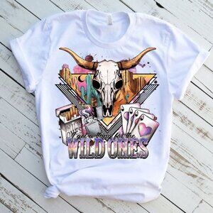 Wild Ones Bull Skull Western Tee Graphic Short Sleeve T-Shirt